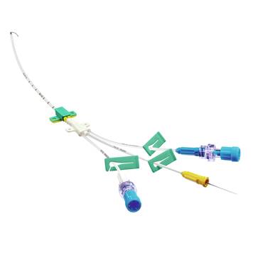 Triple-lumen Catheter Set for Catheterization of the vena cava, with combined anti-pathogenic and anti-thro-Certofix® protect Trio