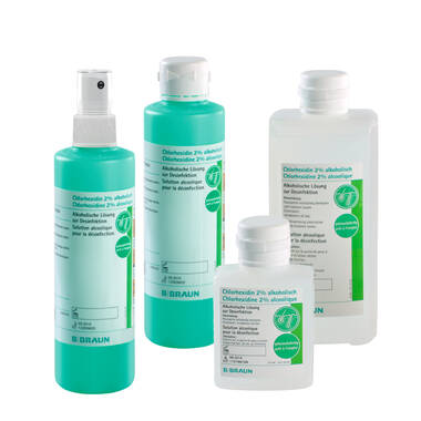 Group picture 100 ml, 250 ml round and Spray, 500 ml-Chlorhexidine 2% alcoholic colourless